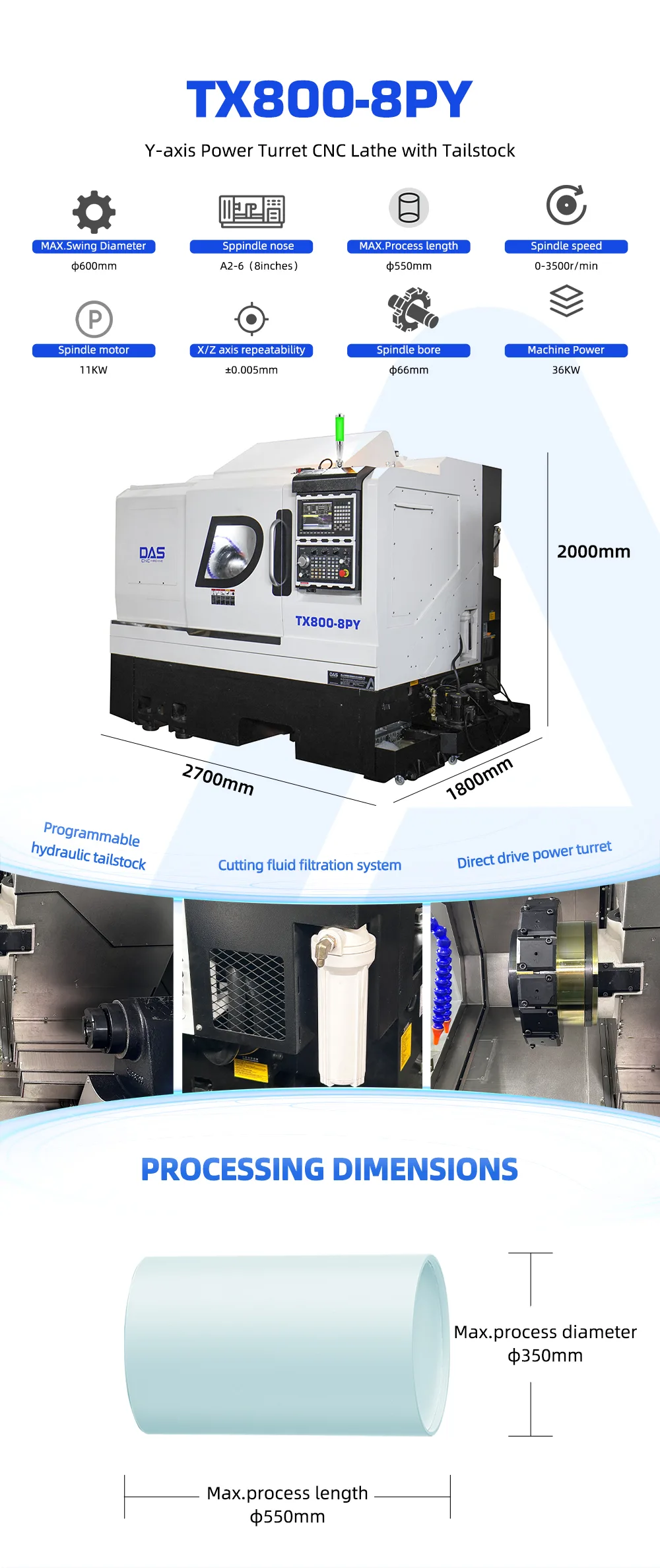 DAS TX800-8PY Y Axis Power Turret CNC Lathe With Tailstock