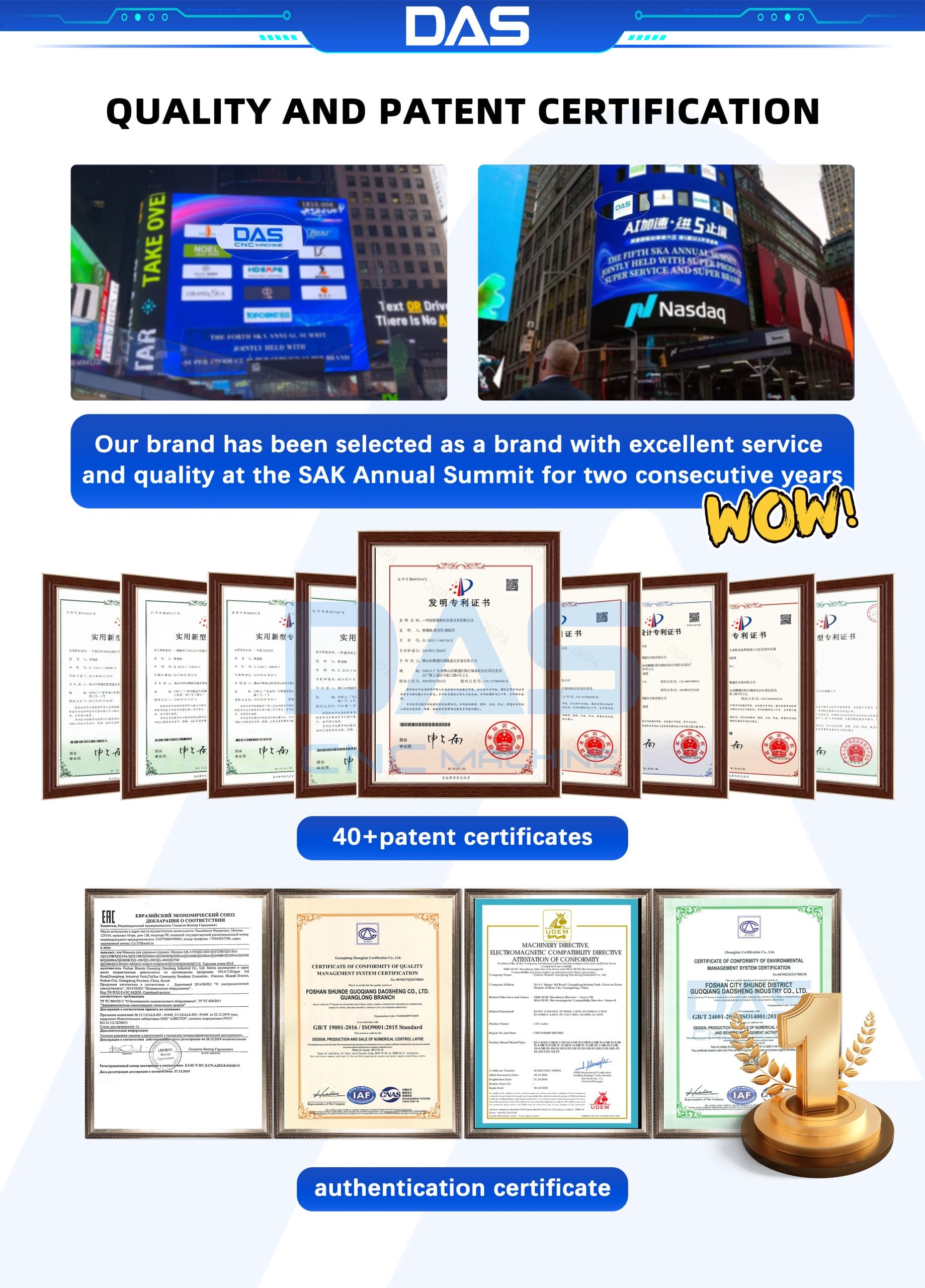 DAS cnc machine company's certifications and honors